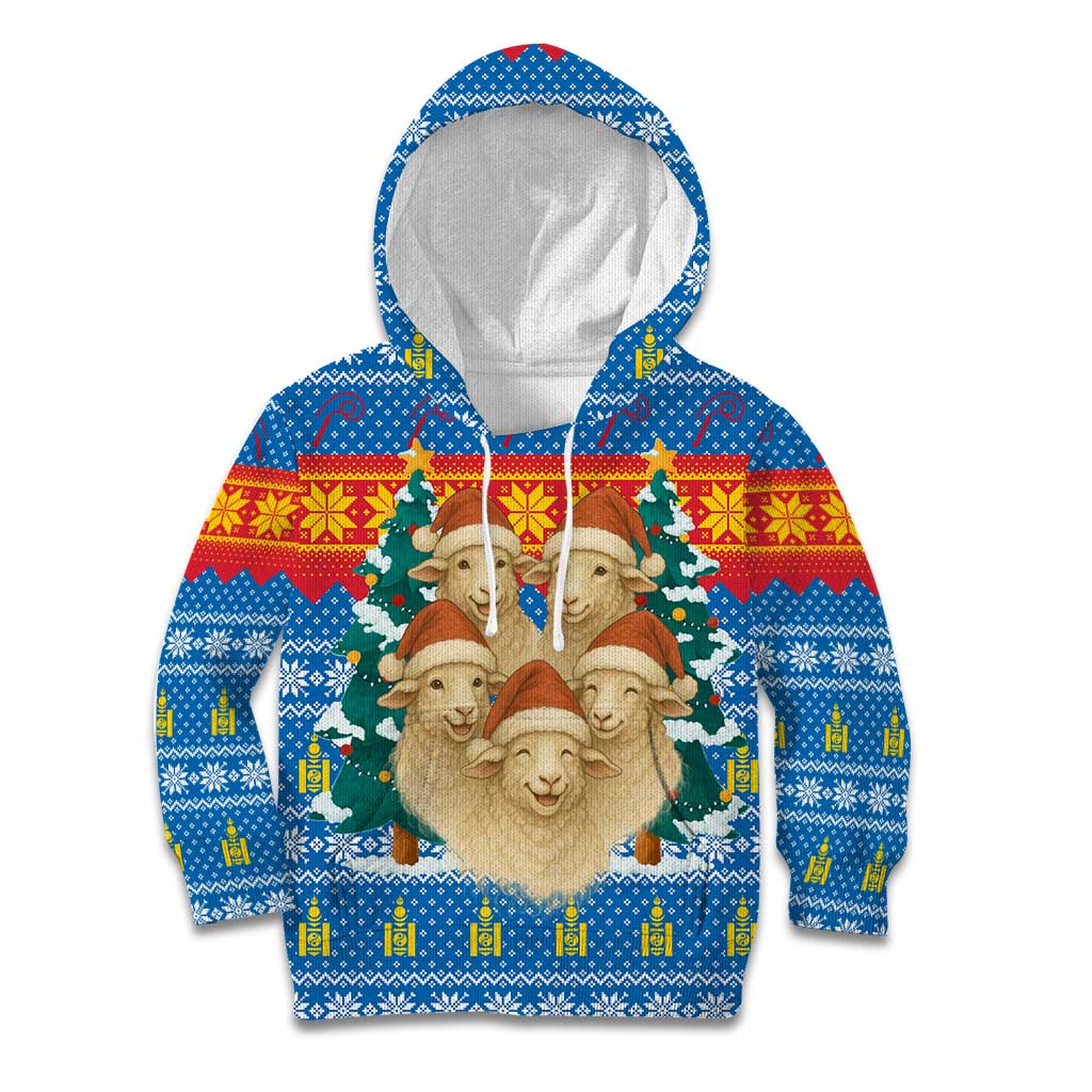 Mongolia Christmas Kid Hoodie with Santa Sheep Christmas Trees and Snowflake - Wonder Print Shop