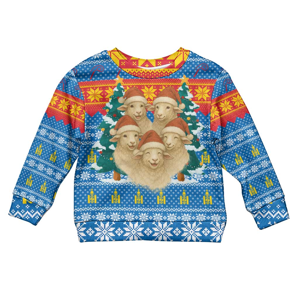 Mongolia Christmas Kid Ugly Christmas Sweater with Santa Sheep Christmas Trees and Snowflake - Wonder Print Shop