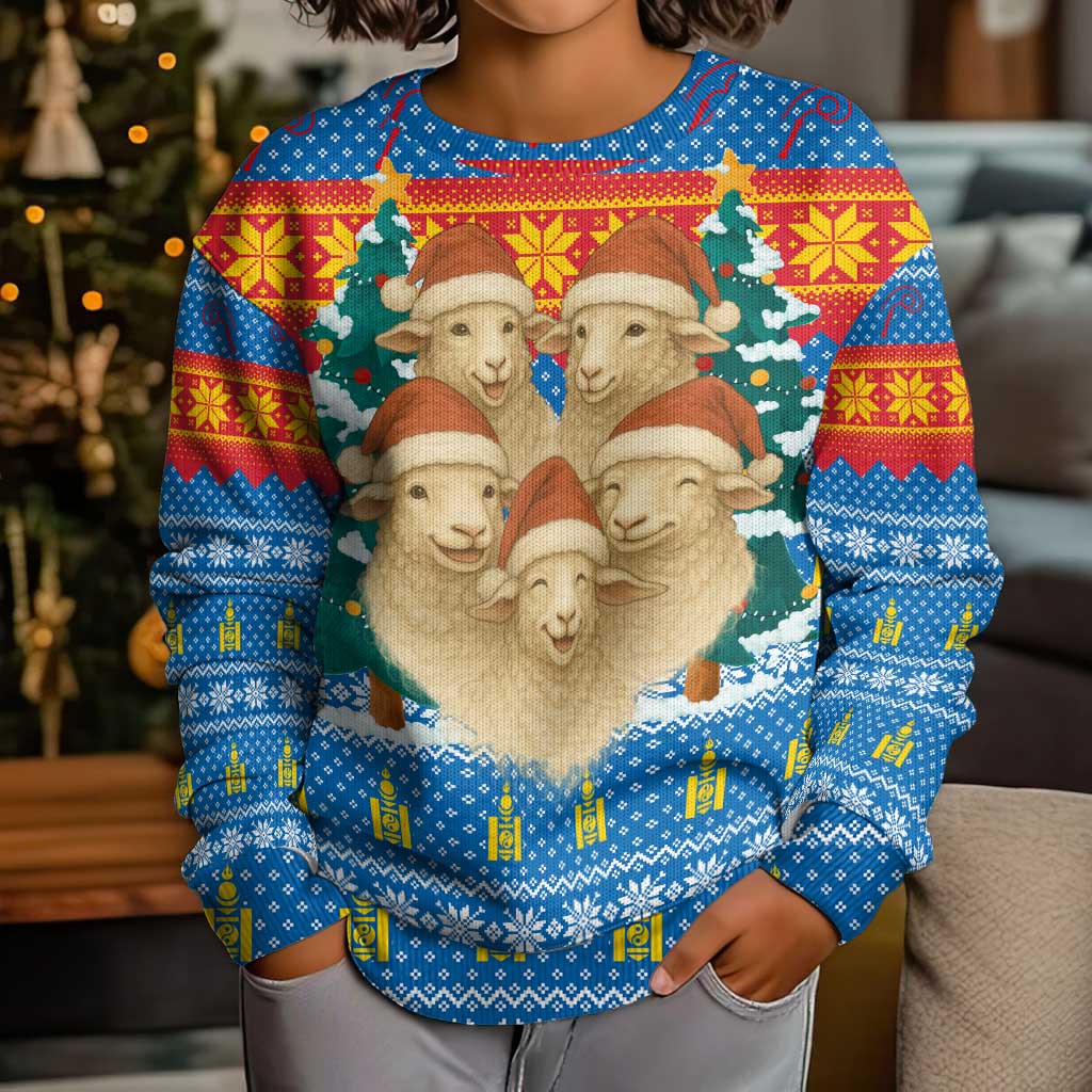 Mongolia Christmas Kid Ugly Christmas Sweater with Santa Sheep Christmas Trees and Snowflake - Wonder Print Shop