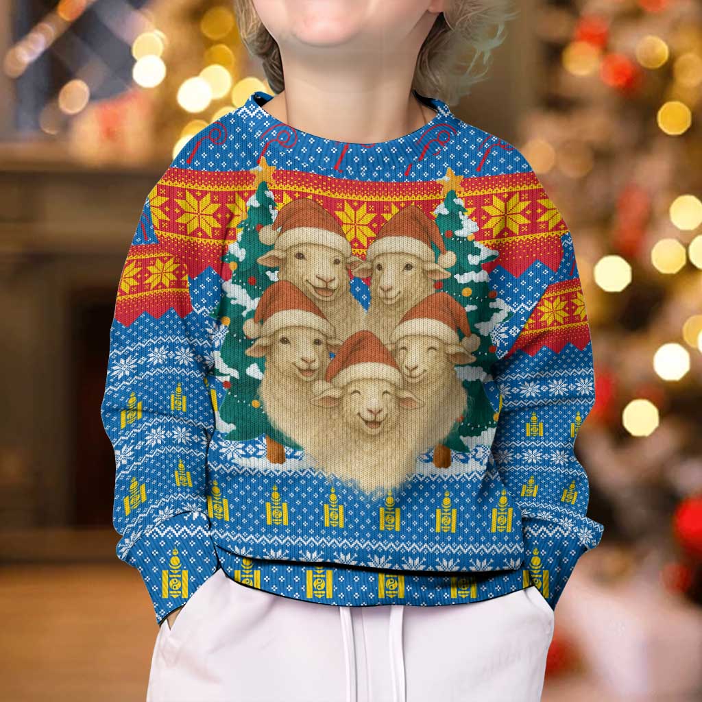 Mongolia Christmas Kid Ugly Christmas Sweater with Santa Sheep Christmas Trees and Snowflake - Wonder Print Shop