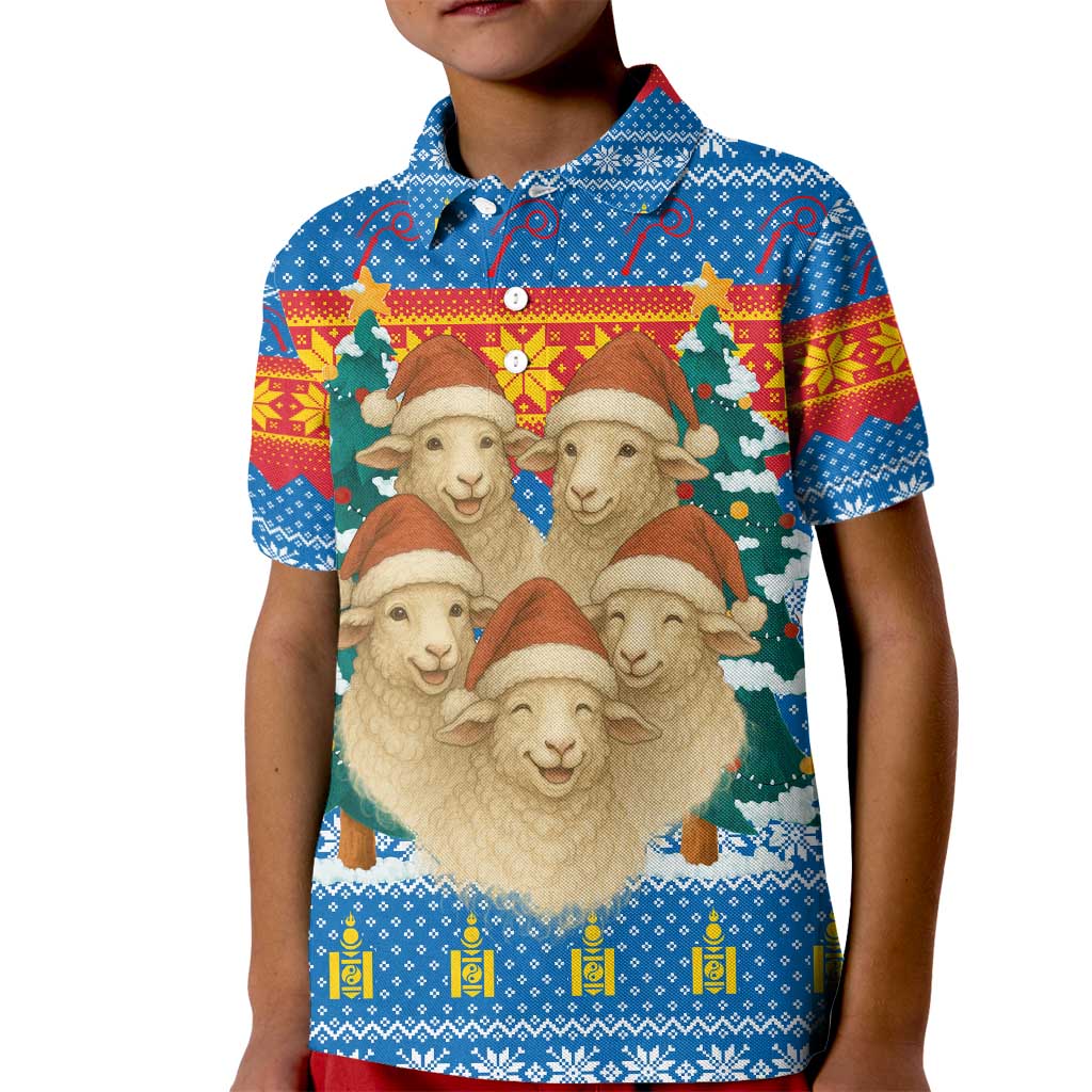 Mongolia Christmas Kid Polo Shirt with Santa Sheep Christmas Trees and Snowflake - Wonder Print Shop