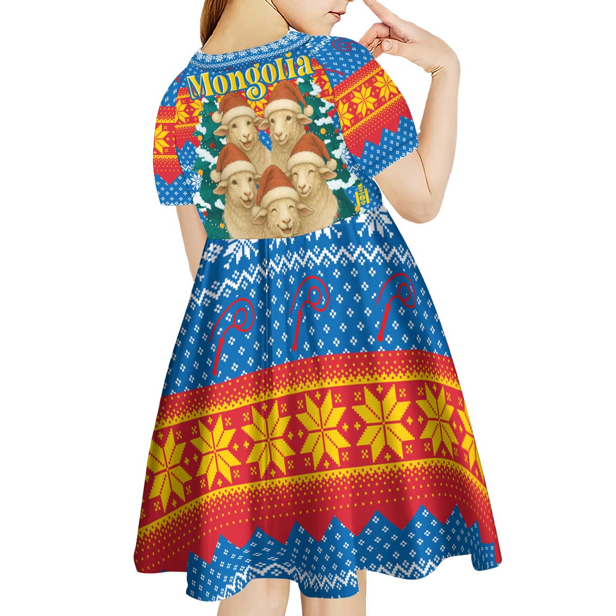 Mongolia Christmas Kid Short Sleeve Dress with Santa Sheep Christmas Trees and Snowflake - Wonder Print Shop