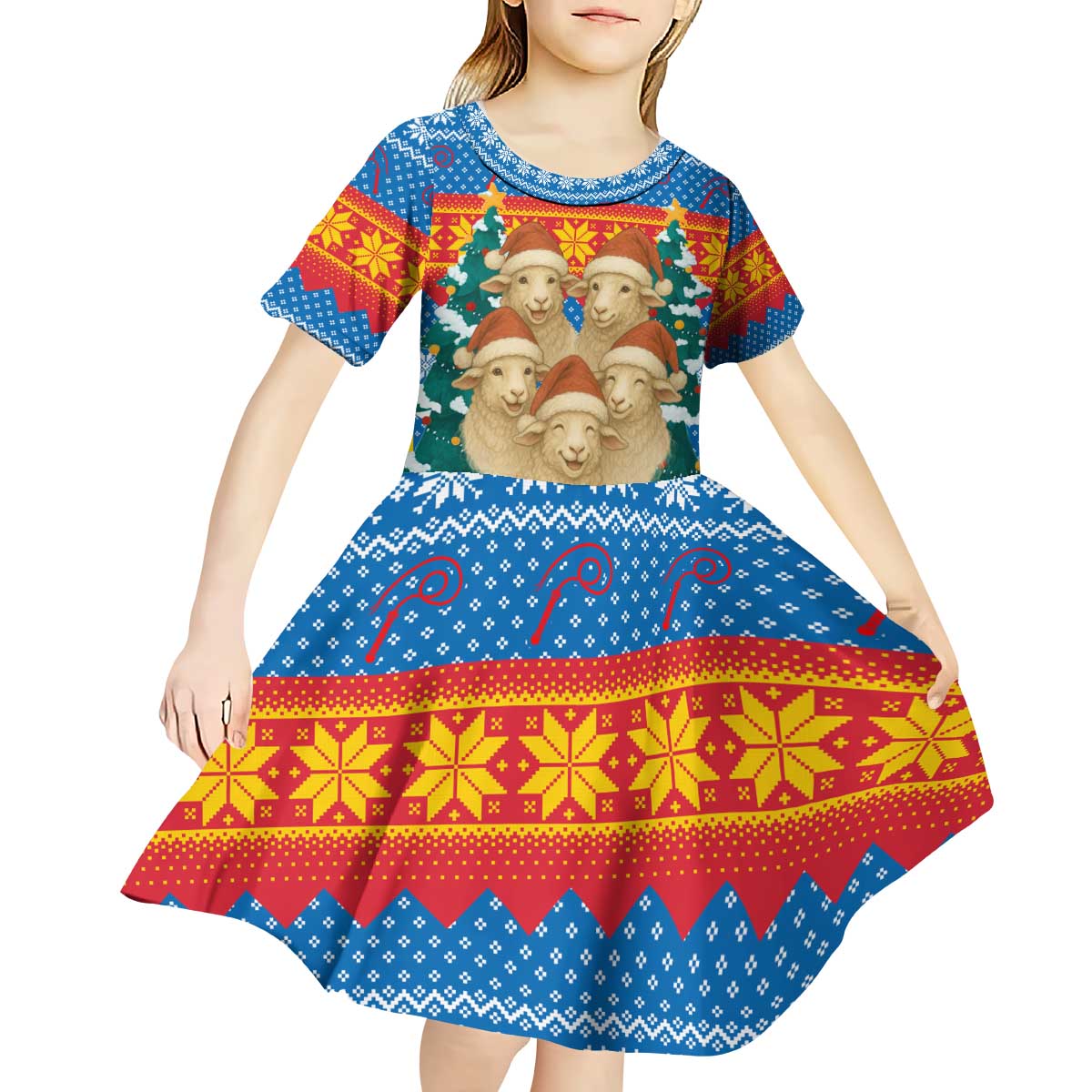 Mongolia Christmas Kid Short Sleeve Dress with Santa Sheep Christmas Trees and Snowflake - Wonder Print Shop