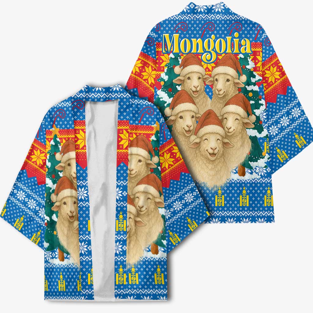 Mongolia Christmas Kimono with Santa Sheep Christmas Trees and Snowflake - Wonder Print Shop
