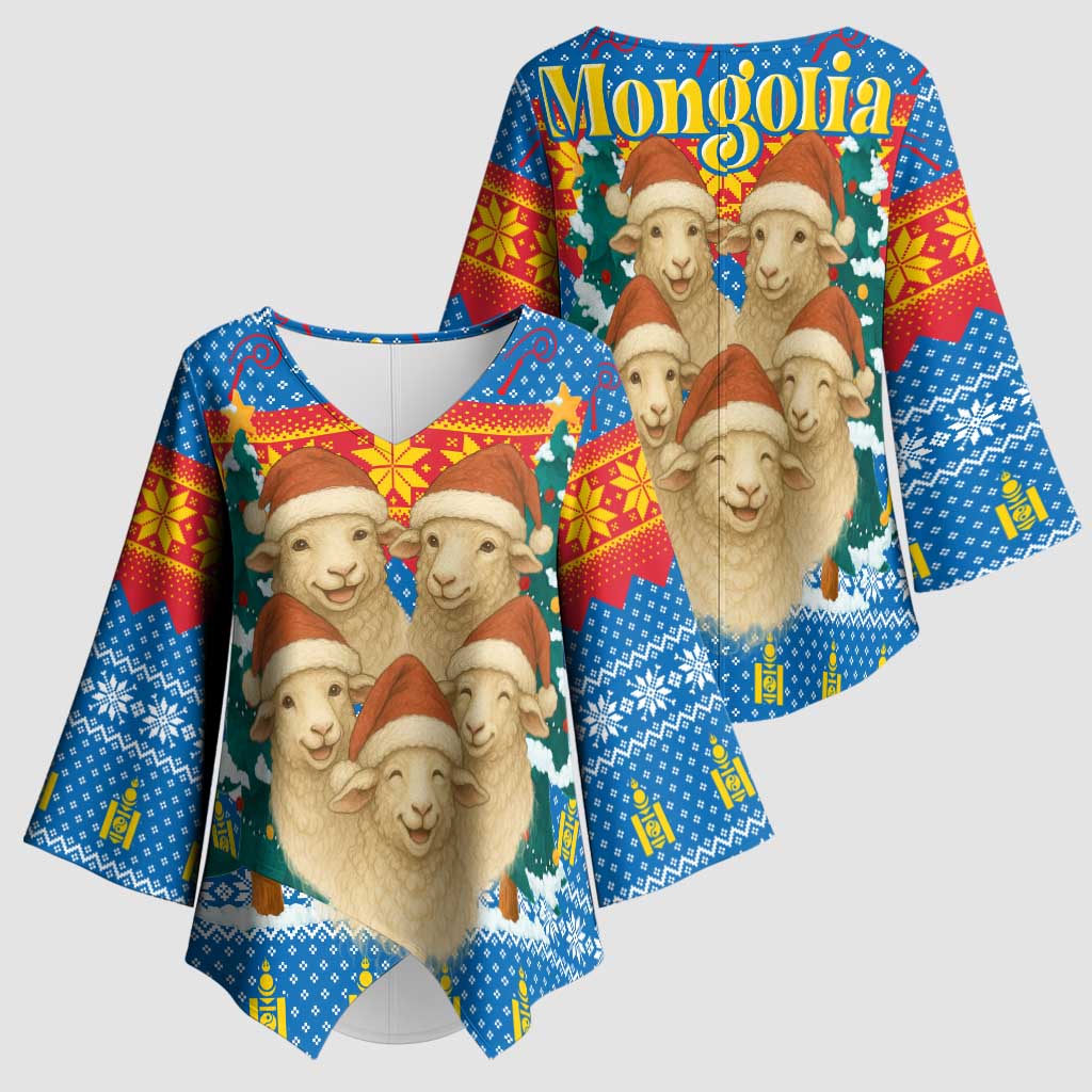 Mongolia Christmas Kimono Sleeve Blouse with Santa Sheep Christmas Trees and Snowflake - Wonder Print Shop