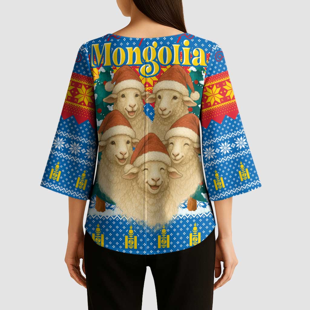 Mongolia Christmas Kimono Sleeve Blouse with Santa Sheep Christmas Trees and Snowflake - Wonder Print Shop