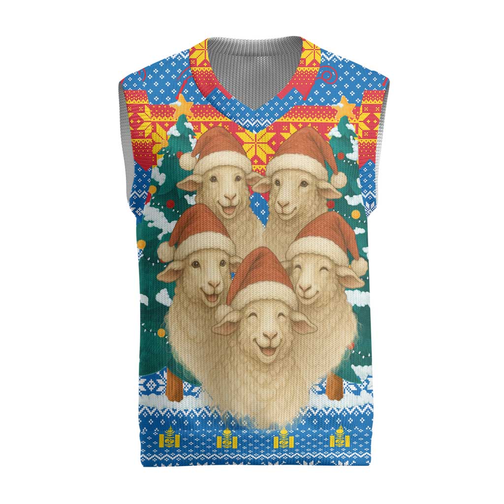 Mongolia Christmas Knitted V-Neck Vest with Santa Sheep Christmas Trees and Snowflake - Wonder Print Shop
