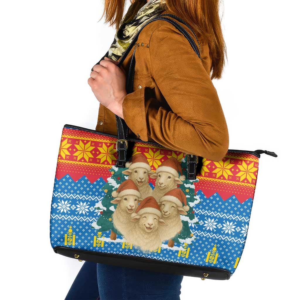 Mongolia Christmas Leather Tote Bag with Santa Sheep Christmas Trees and Snowflake - Wonder Print Shop