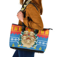 Mongolia Christmas Leather Tote Bag with Santa Sheep Christmas Trees and Snowflake - Wonder Print Shop