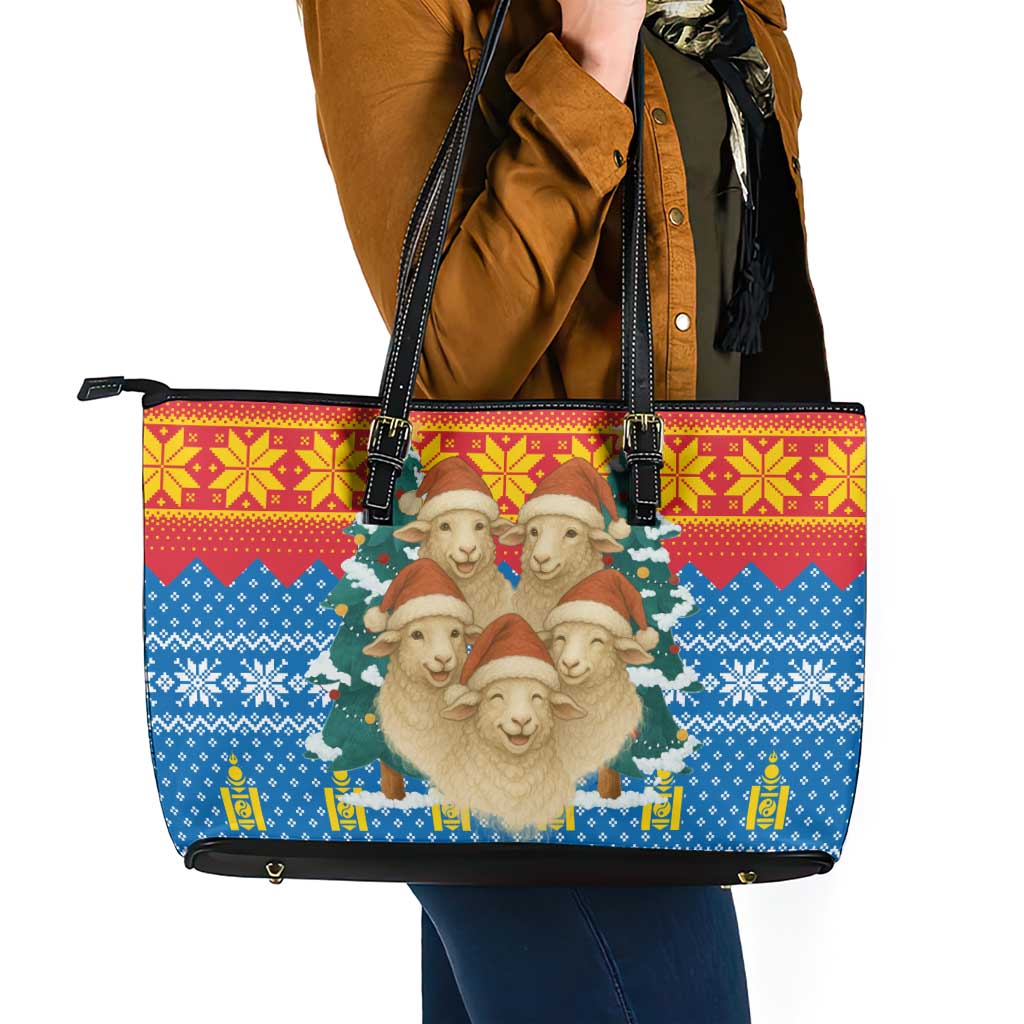 Mongolia Christmas Leather Tote Bag with Santa Sheep Christmas Trees and Snowflake - Wonder Print Shop