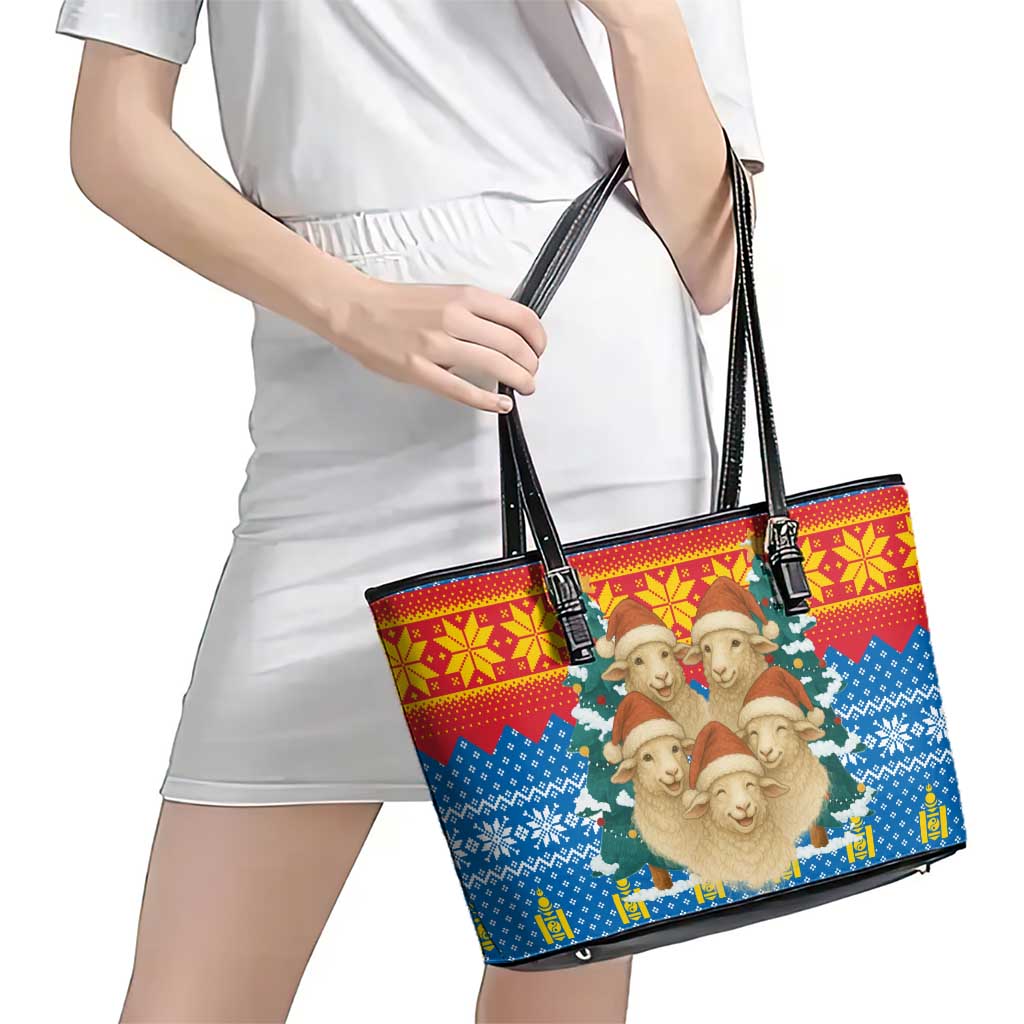 Mongolia Christmas Leather Tote Bag with Santa Sheep Christmas Trees and Snowflake - Wonder Print Shop