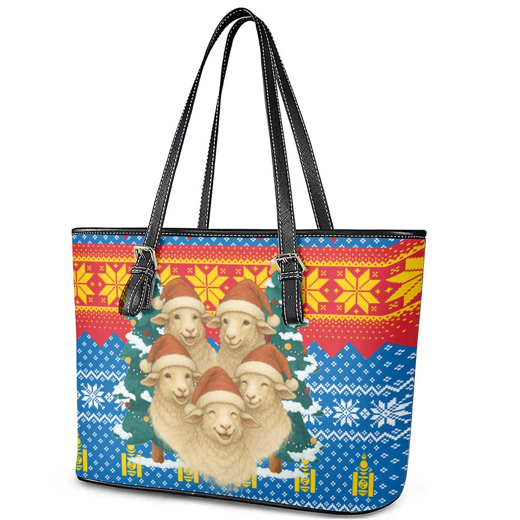 Mongolia Christmas Leather Tote Bag with Santa Sheep Christmas Trees and Snowflake - Wonder Print Shop