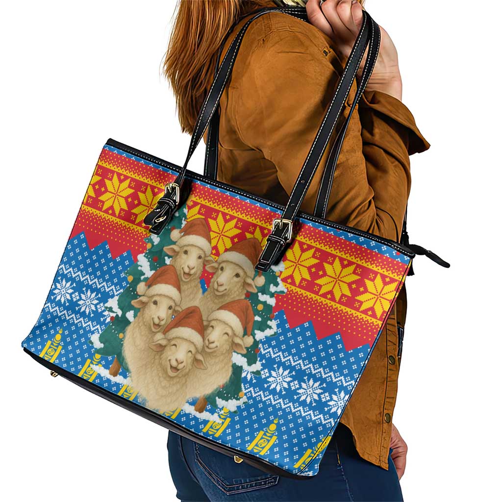 Mongolia Christmas Leather Tote Bag with Santa Sheep Christmas Trees and Snowflake - Wonder Print Shop