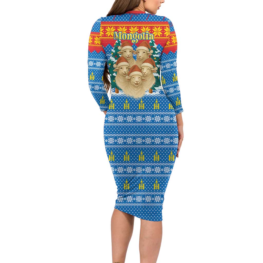 Mongolia Christmas Long Sleeve Bodycon Dress with Santa Sheep Christmas Trees and Snowflake - Wonder Print Shop