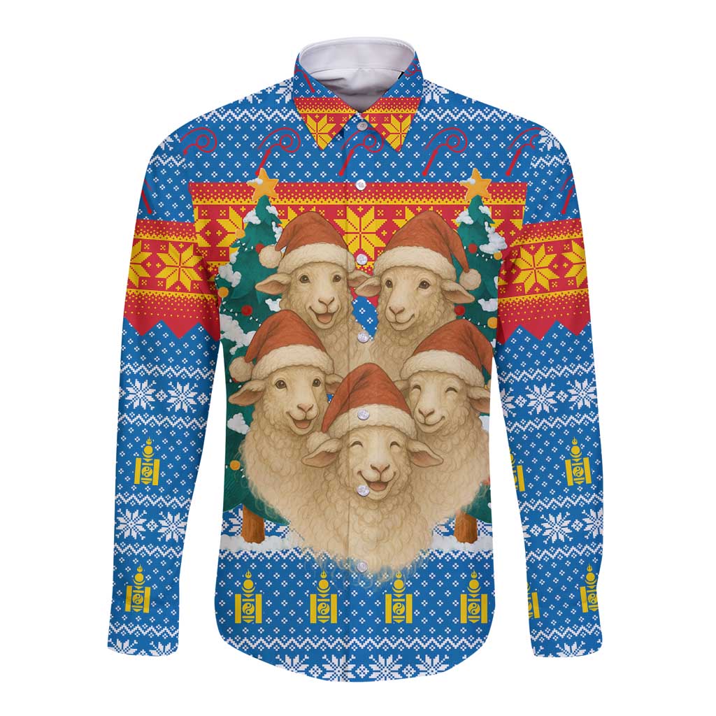 Mongolia Christmas Long Sleeve Button Shirt with Santa Sheep Christmas Trees and Snowflake - Wonder Print Shop