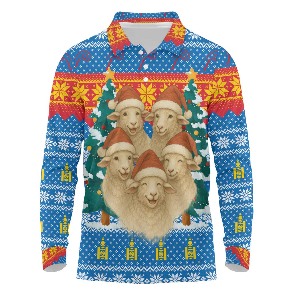 Mongolia Christmas Long Sleeve Polo Shirt with Santa Sheep Christmas Trees and Snowflake - Wonder Print Shop