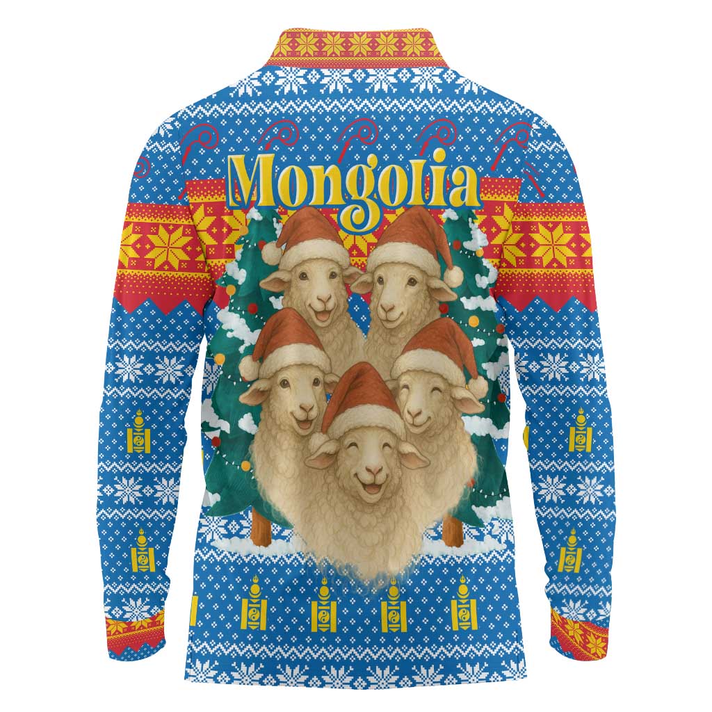 Mongolia Christmas Long Sleeve Polo Shirt with Santa Sheep Christmas Trees and Snowflake - Wonder Print Shop