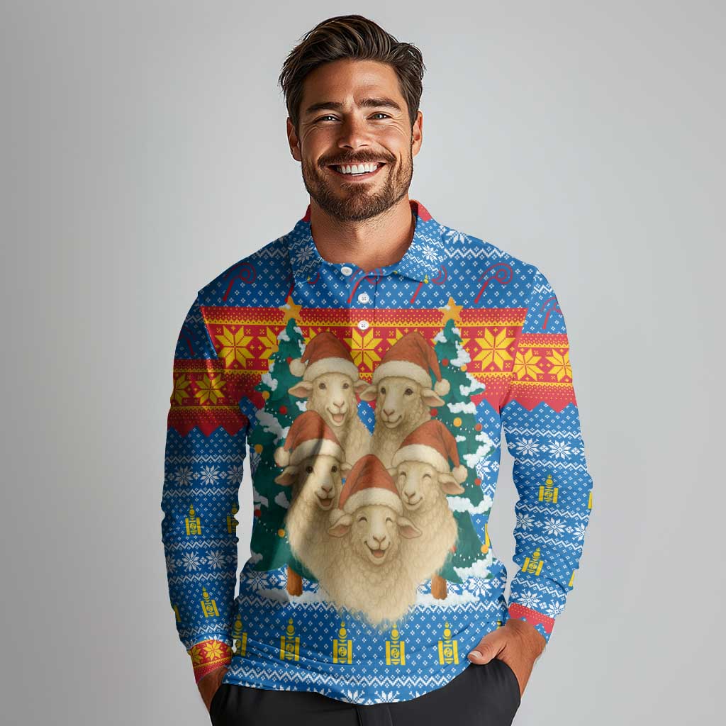 Mongolia Christmas Long Sleeve Polo Shirt with Santa Sheep Christmas Trees and Snowflake - Wonder Print Shop
