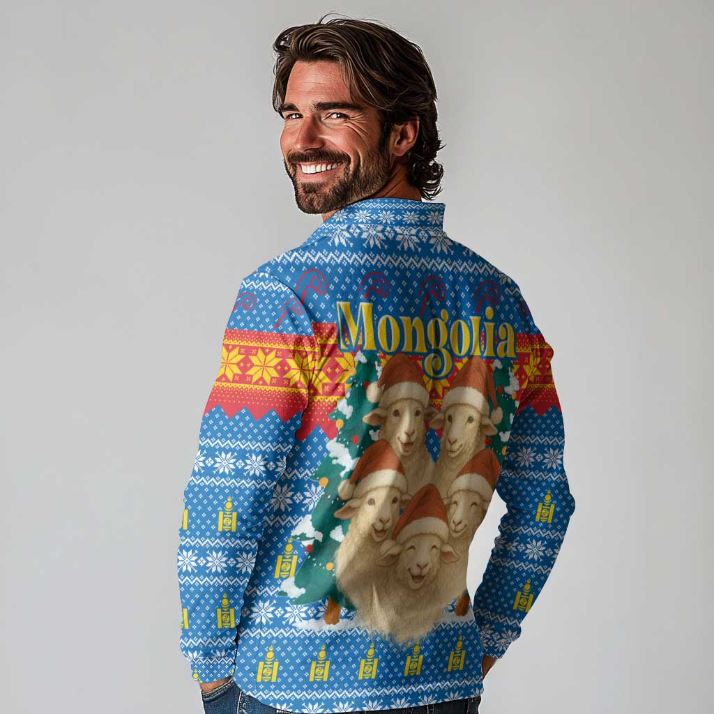 Mongolia Christmas Long Sleeve Polo Shirt with Santa Sheep Christmas Trees and Snowflake - Wonder Print Shop
