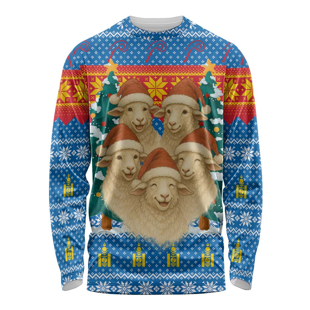 Mongolia Christmas Long Sleeve Shirt with Santa Sheep Christmas Trees and Snowflake - Wonder Print Shop