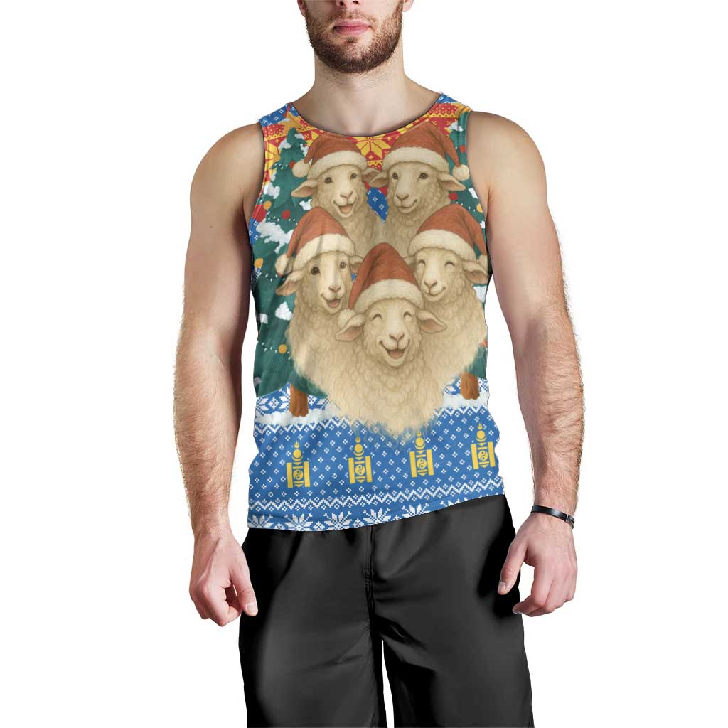 Mongolia Christmas Men Tank Top with Santa Sheep Christmas Trees and Snowflake - Wonder Print Shop
