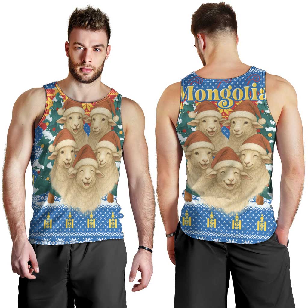 Mongolia Christmas Men Tank Top with Santa Sheep Christmas Trees and Snowflake - Wonder Print Shop