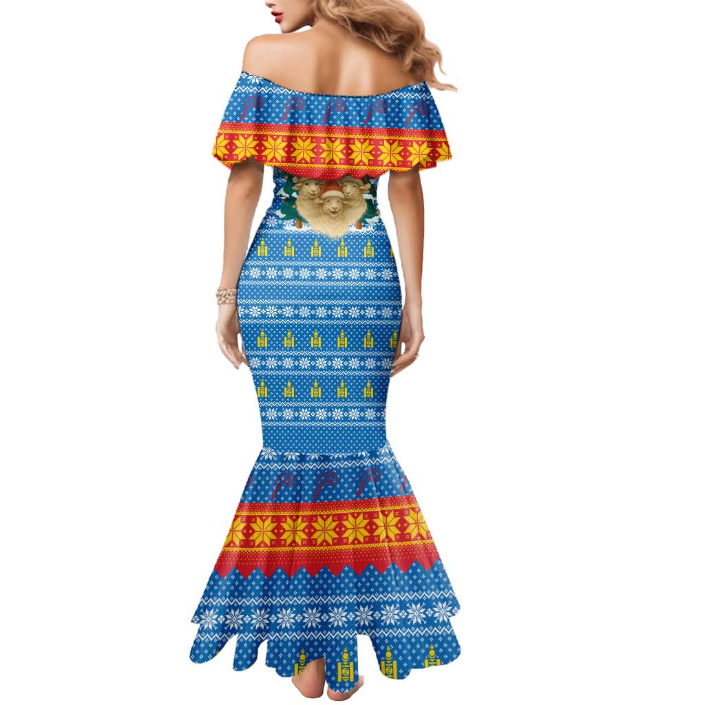 Mongolia Christmas Mermaid Dress with Santa Sheep Christmas Trees and Snowflake - Wonder Print Shop