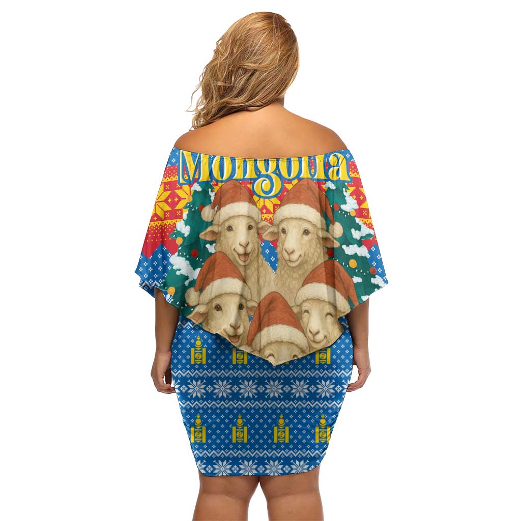 Mongolia Christmas Off Shoulder Short Dress with Santa Sheep Christmas Trees and Snowflake - Wonder Print Shop