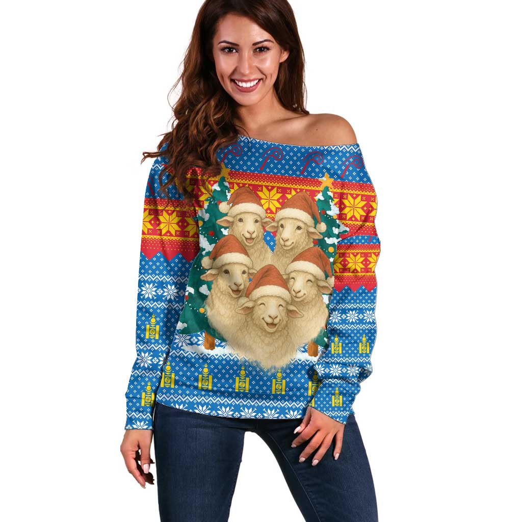 Mongolia Christmas Off Shoulder Sweater with Santa Sheep Christmas Trees and Snowflake - Wonder Print Shop