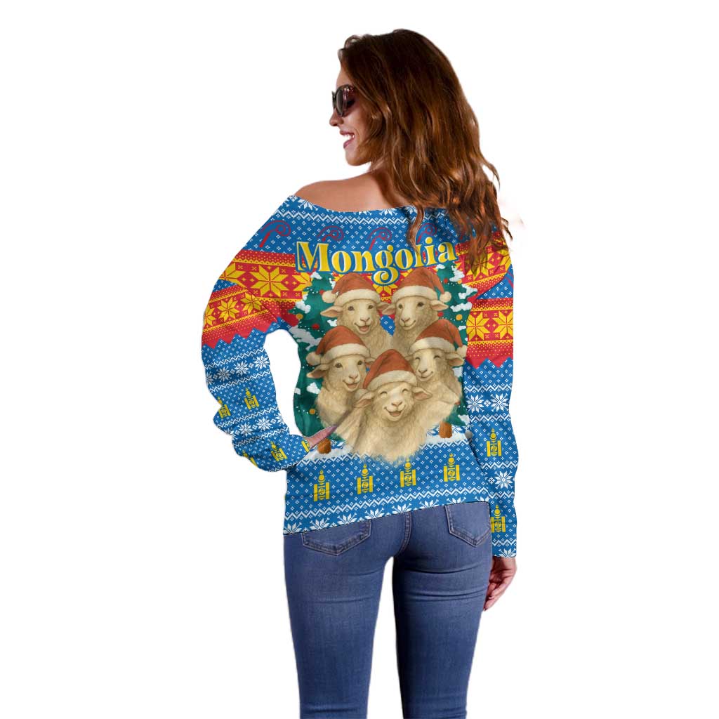 Mongolia Christmas Off Shoulder Sweater with Santa Sheep Christmas Trees and Snowflake - Wonder Print Shop