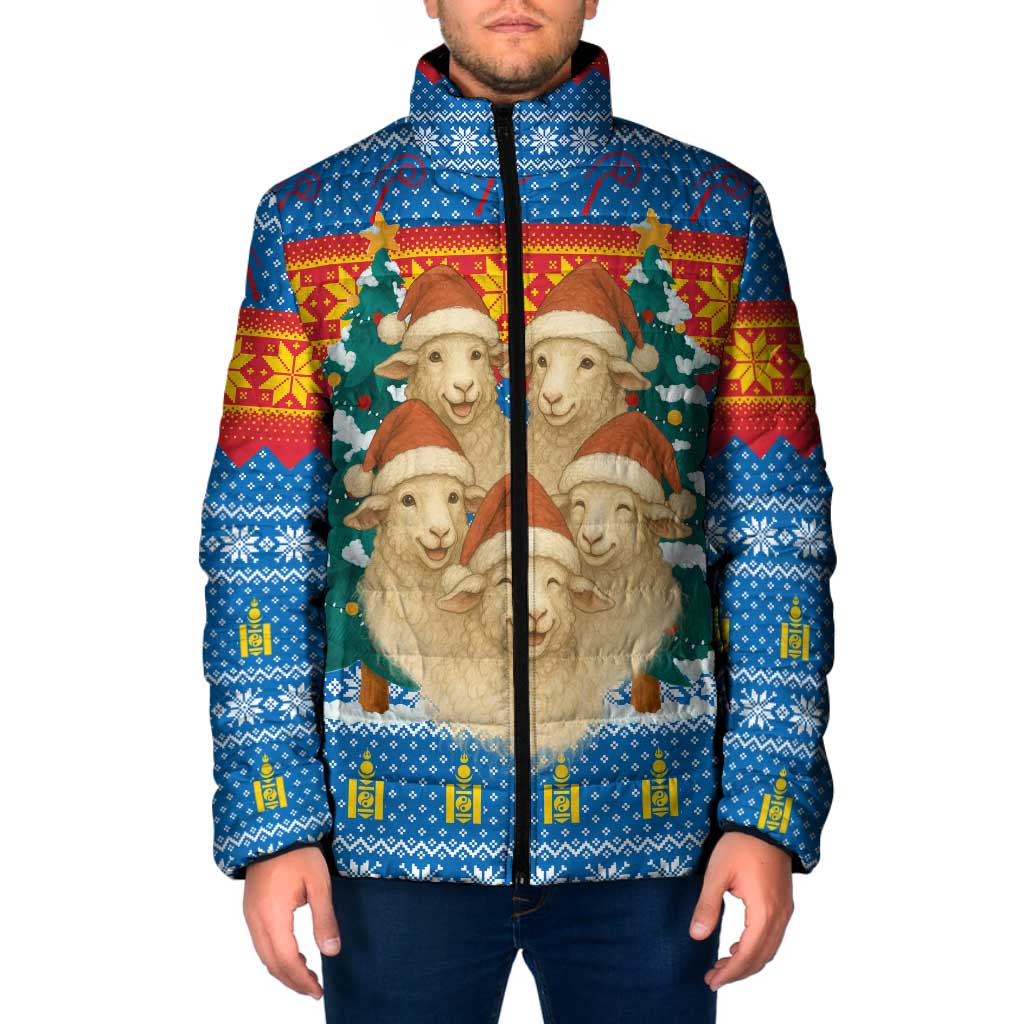 Mongolia Christmas Padded Jacket with Santa Sheep Christmas Trees and Snowflake - Wonder Print Shop