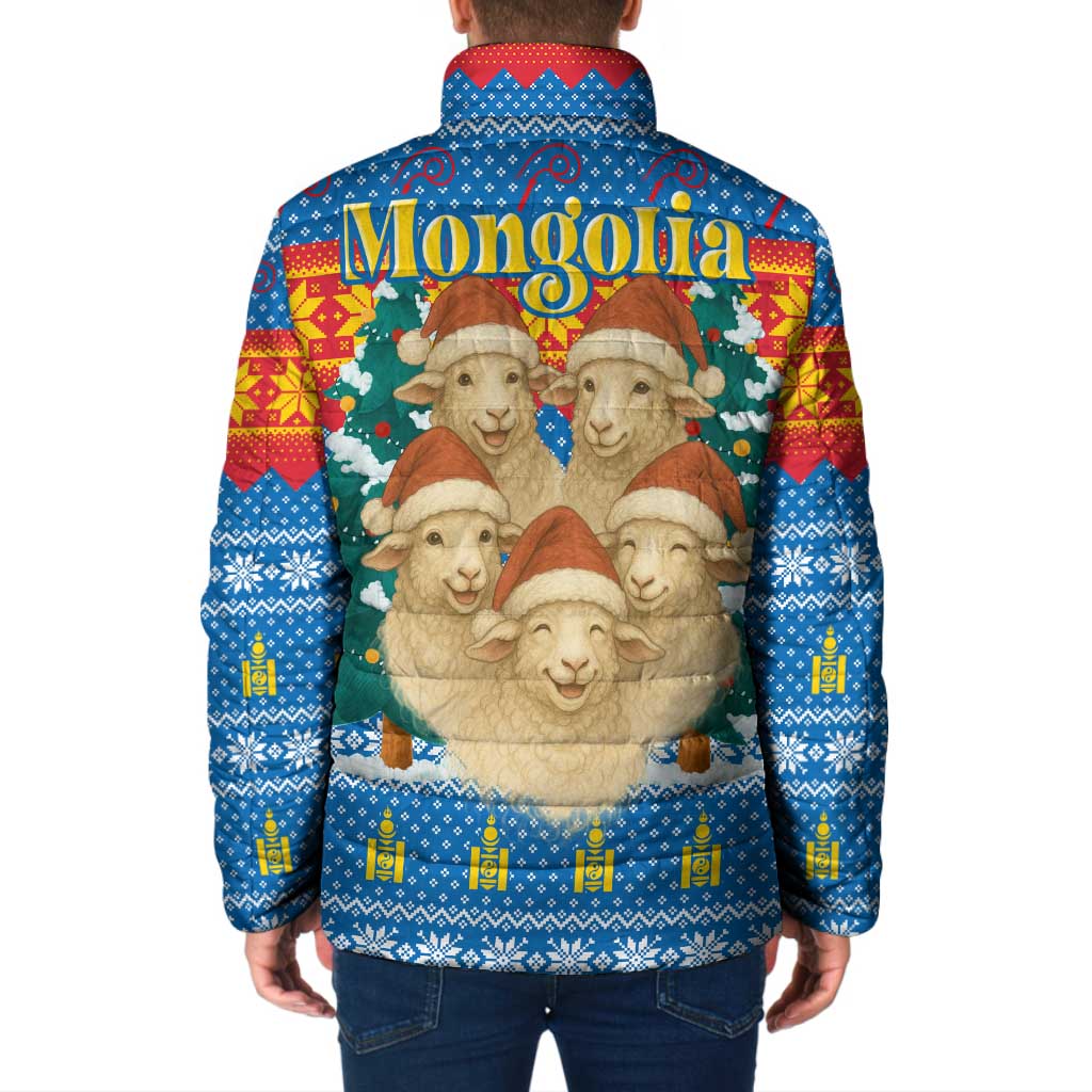 Mongolia Christmas Padded Jacket with Santa Sheep Christmas Trees and Snowflake - Wonder Print Shop