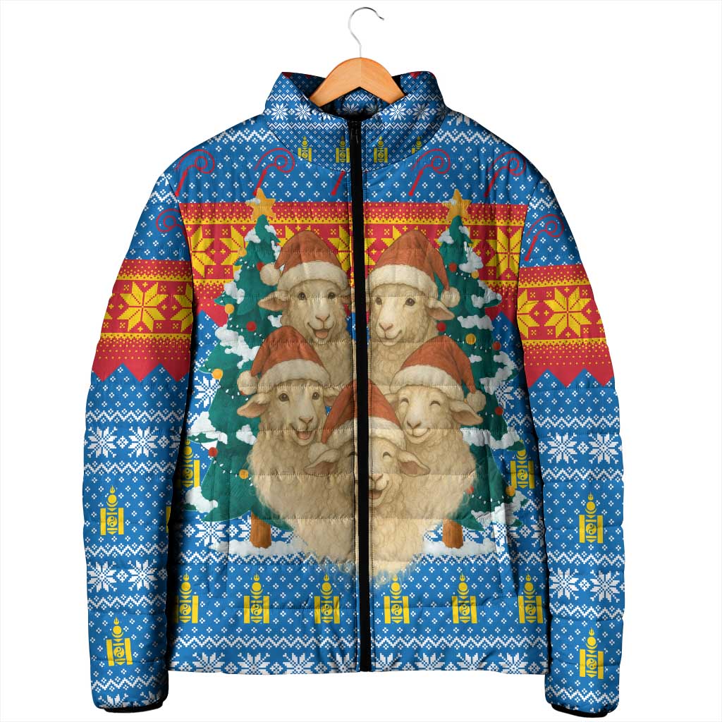 Mongolia Christmas Padded Jacket with Santa Sheep Christmas Trees and Snowflake - Wonder Print Shop