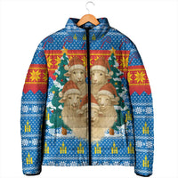 Mongolia Christmas Padded Jacket with Santa Sheep Christmas Trees and Snowflake - Wonder Print Shop