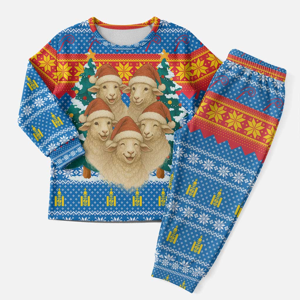 Mongolia Christmas Pajama Set with Santa Sheep Christmas Trees and Snowflake - Wonder Print Shop