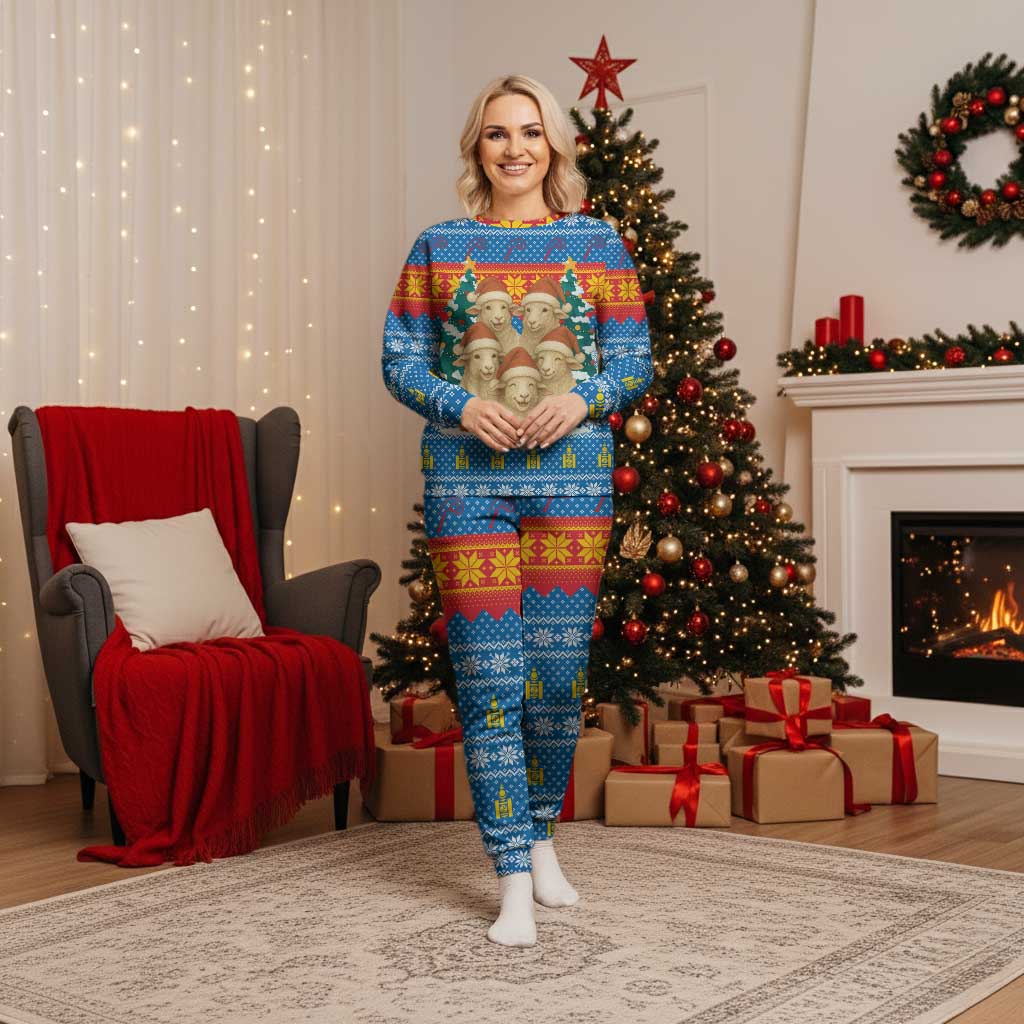Mongolia Christmas Pajama Set with Santa Sheep Christmas Trees and Snowflake - Wonder Print Shop