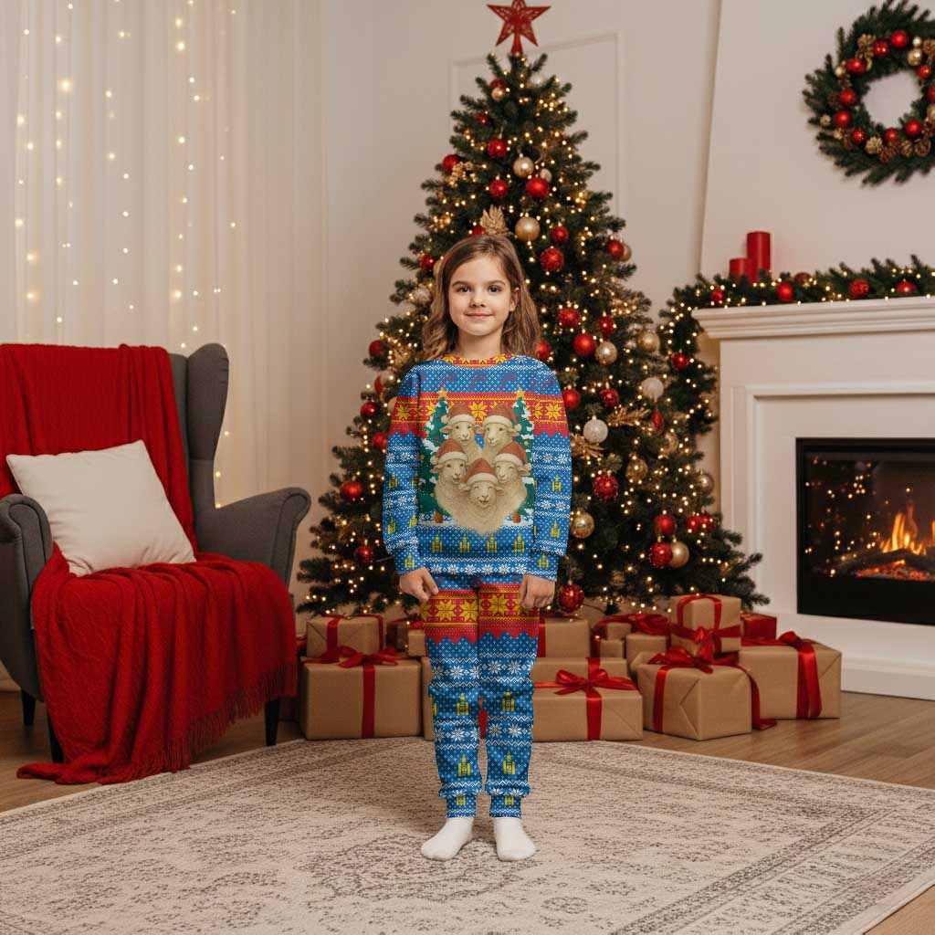 Mongolia Christmas Pajama Set with Santa Sheep Christmas Trees and Snowflake - Wonder Print Shop
