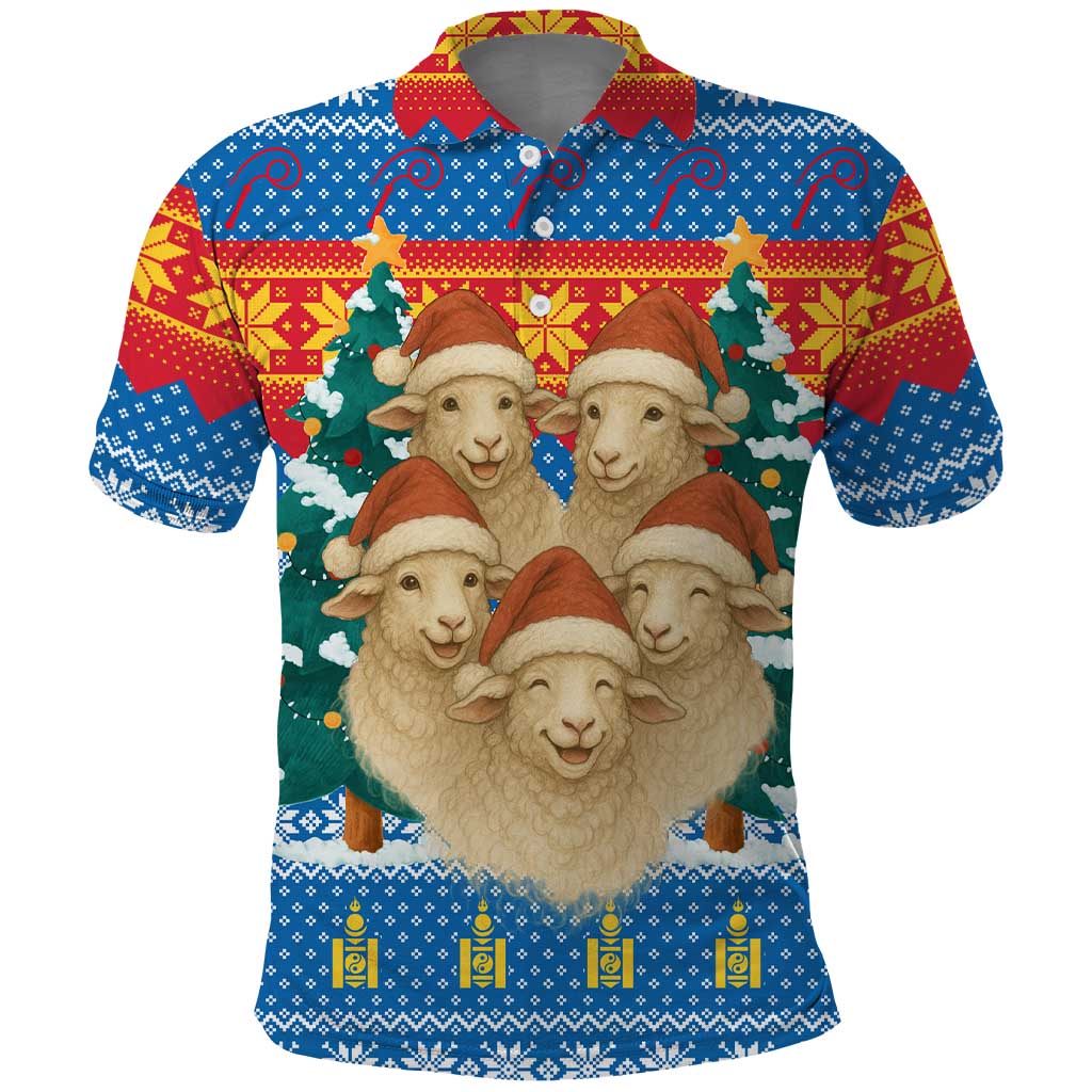 Mongolia Christmas Polo Shirt with Santa Sheep Christmas Trees and Snowflake - Wonder Print Shop
