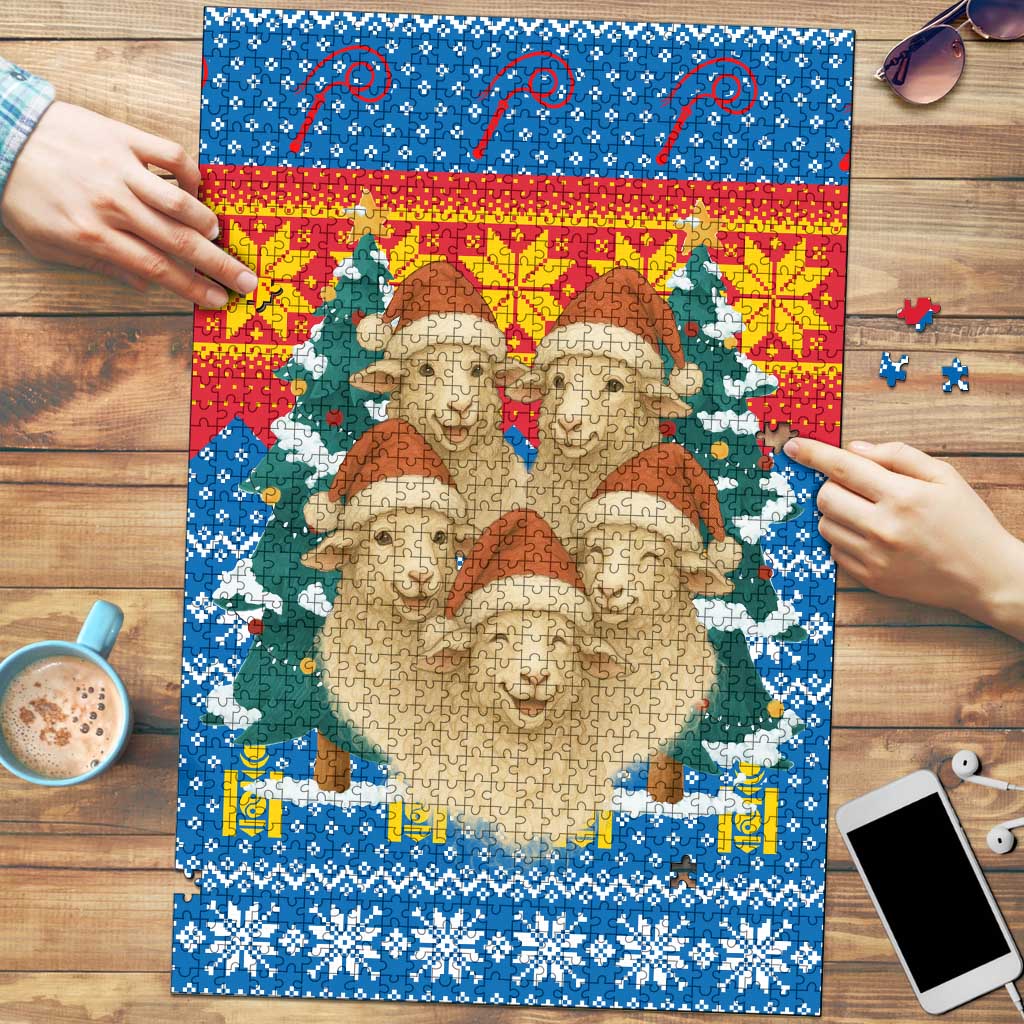 Mongolia Christmas Puzzle with Santa Sheep Christmas Trees and Snowflake - Wonder Print Shop