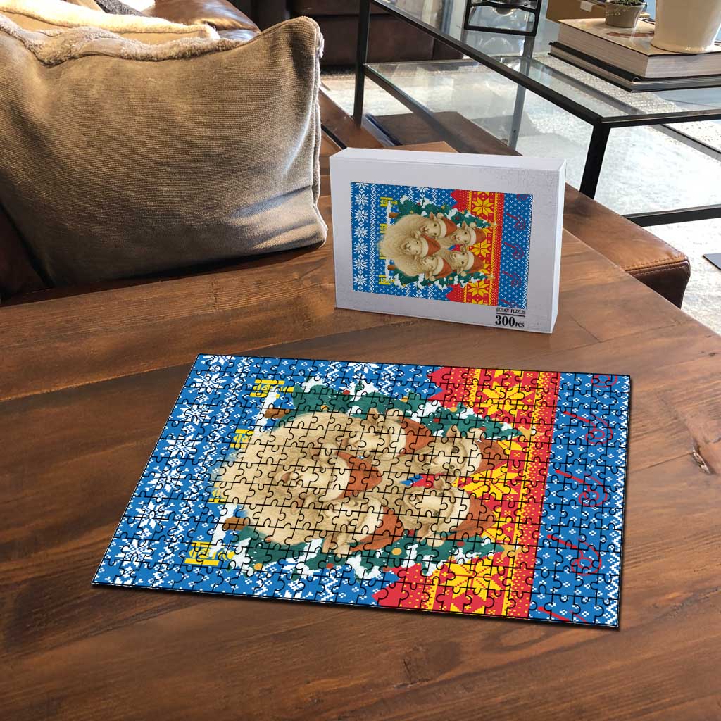 Mongolia Christmas Puzzle with Santa Sheep Christmas Trees and Snowflake - Wonder Print Shop