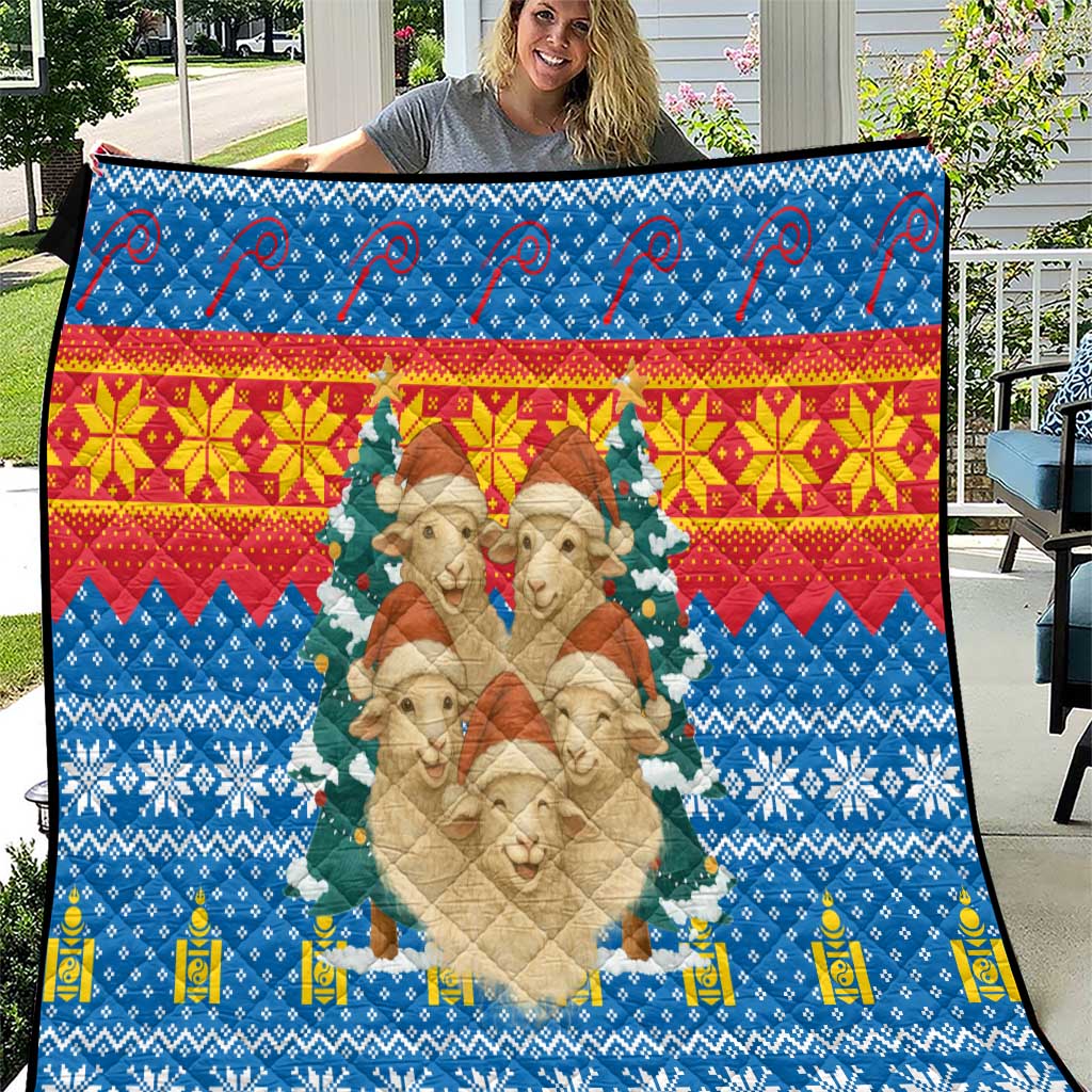 Mongolia Christmas Quilt with Santa Sheep Christmas Trees and Snowflake - Wonder Print Shop
