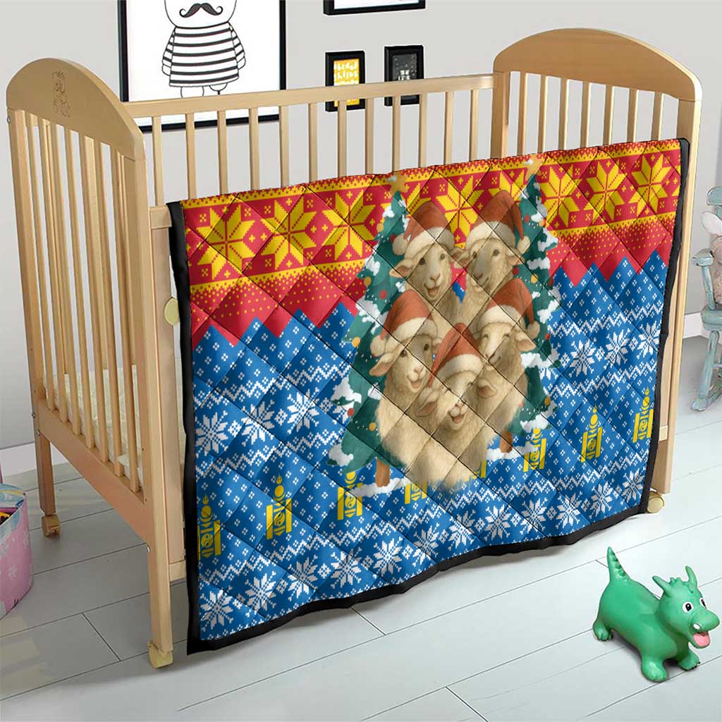 Mongolia Christmas Quilt with Santa Sheep Christmas Trees and Snowflake - Wonder Print Shop