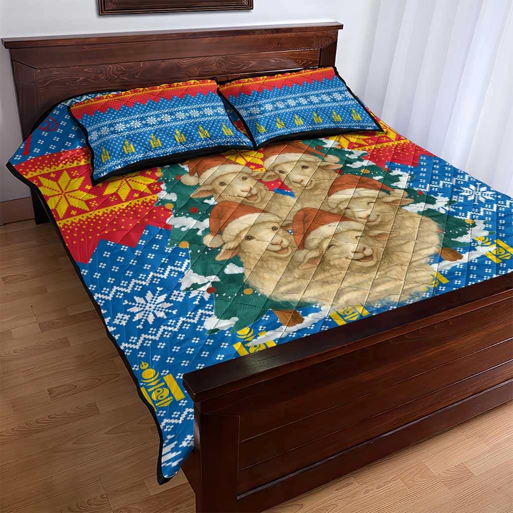 Mongolia Christmas Quilt Bed Set with Santa Sheep Christmas Trees and Snowflake - Wonder Print Shop