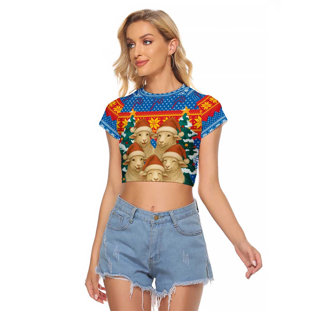 Mongolia Christmas Raglan Cropped T Shirt with Santa Sheep Christmas Trees and Snowflake - Wonder Print Shop