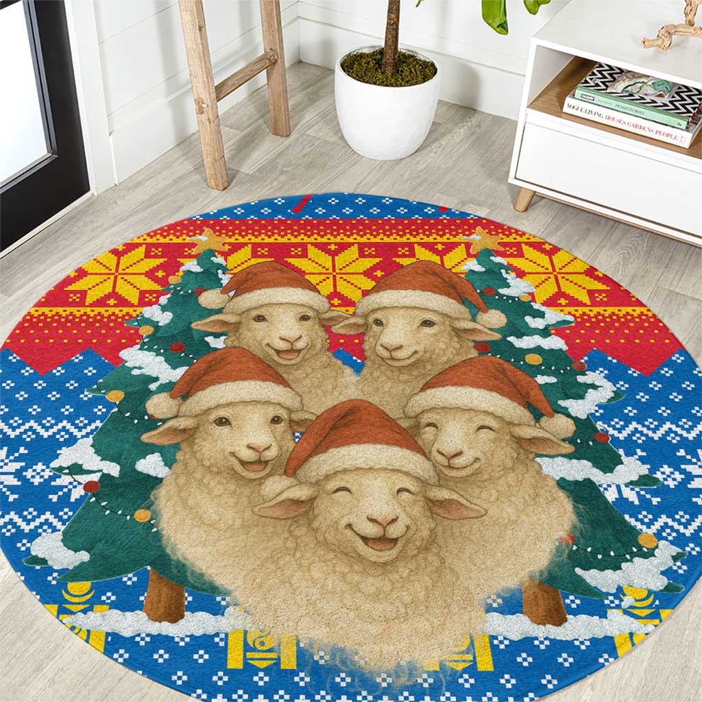Mongolia Christmas Round Carpet with Santa Sheep Christmas Trees and Snowflake - Wonder Print Shop