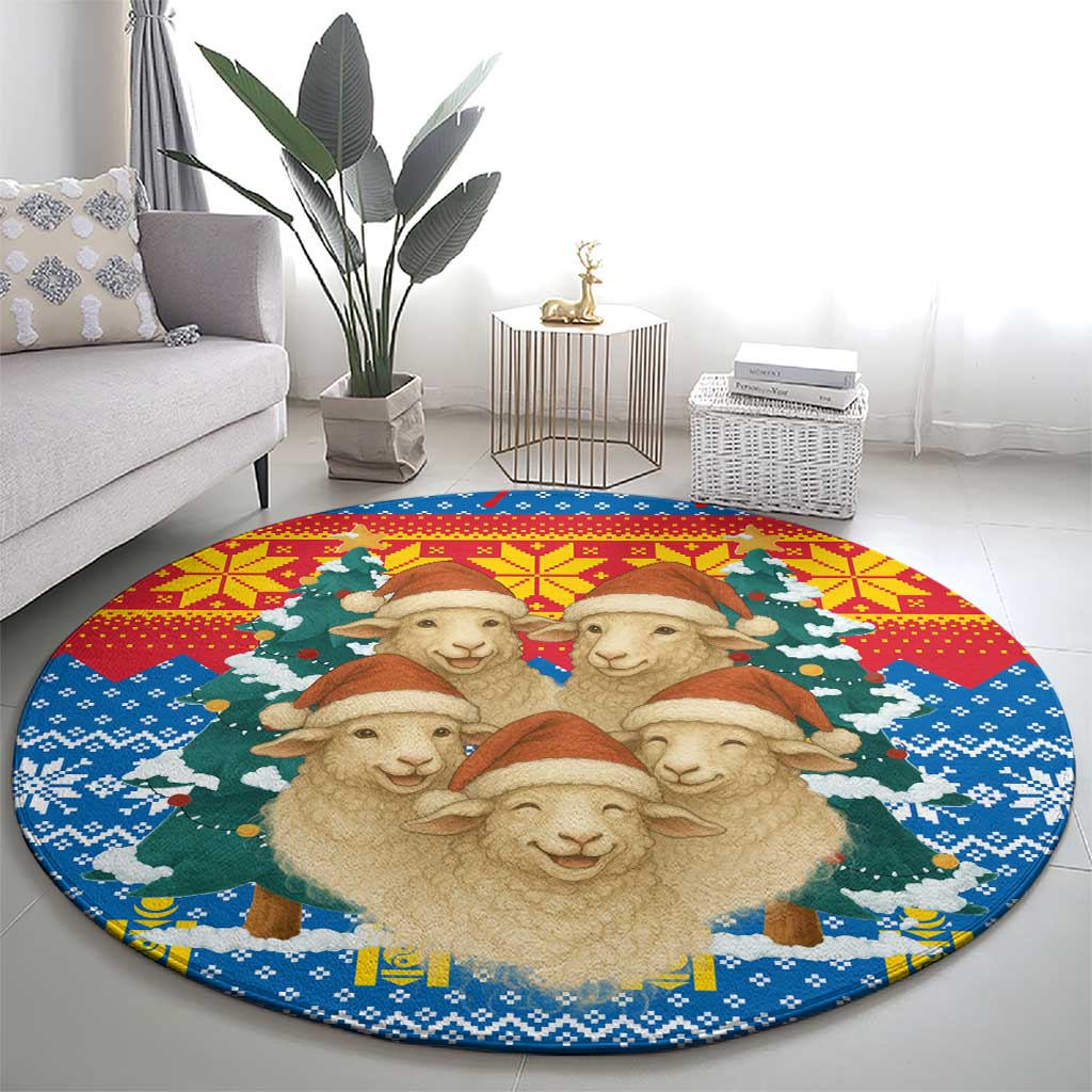 Mongolia Christmas Round Carpet with Santa Sheep Christmas Trees and Snowflake - Wonder Print Shop