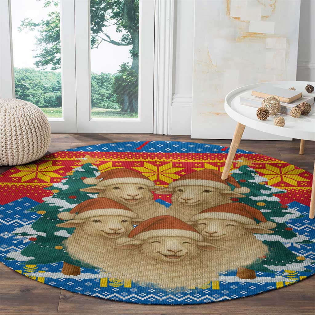 Mongolia Christmas Round Carpet with Santa Sheep Christmas Trees and Snowflake - Wonder Print Shop