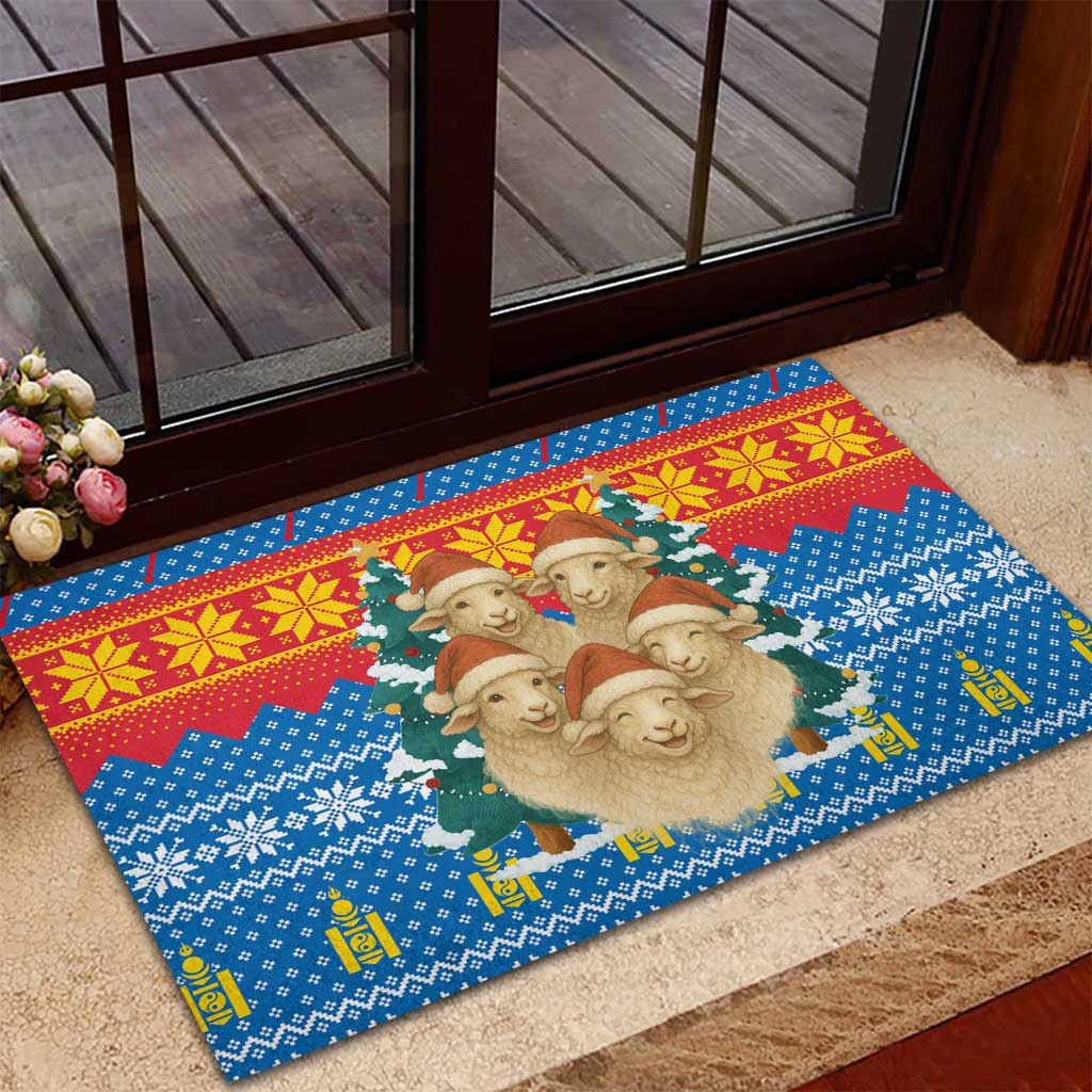 Mongolia Christmas Rubber Doormat with Santa Sheep Christmas Trees and Snowflake - Wonder Print Shop