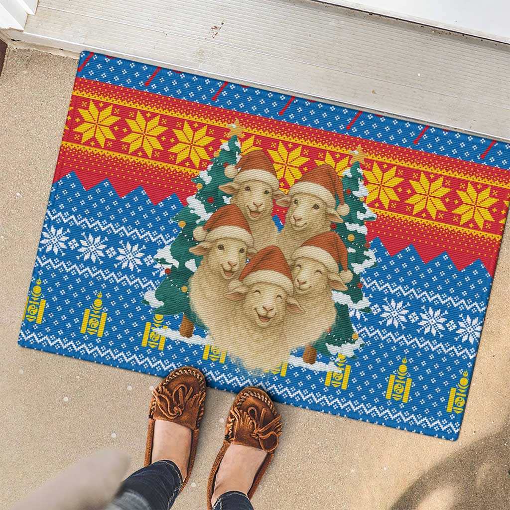 Mongolia Christmas Rubber Doormat with Santa Sheep Christmas Trees and Snowflake - Wonder Print Shop