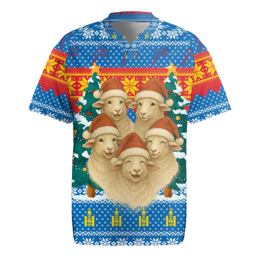 Mongolia Christmas Rugby Jersey with Santa Sheep Christmas Trees and Snowflake - Wonder Print Shop